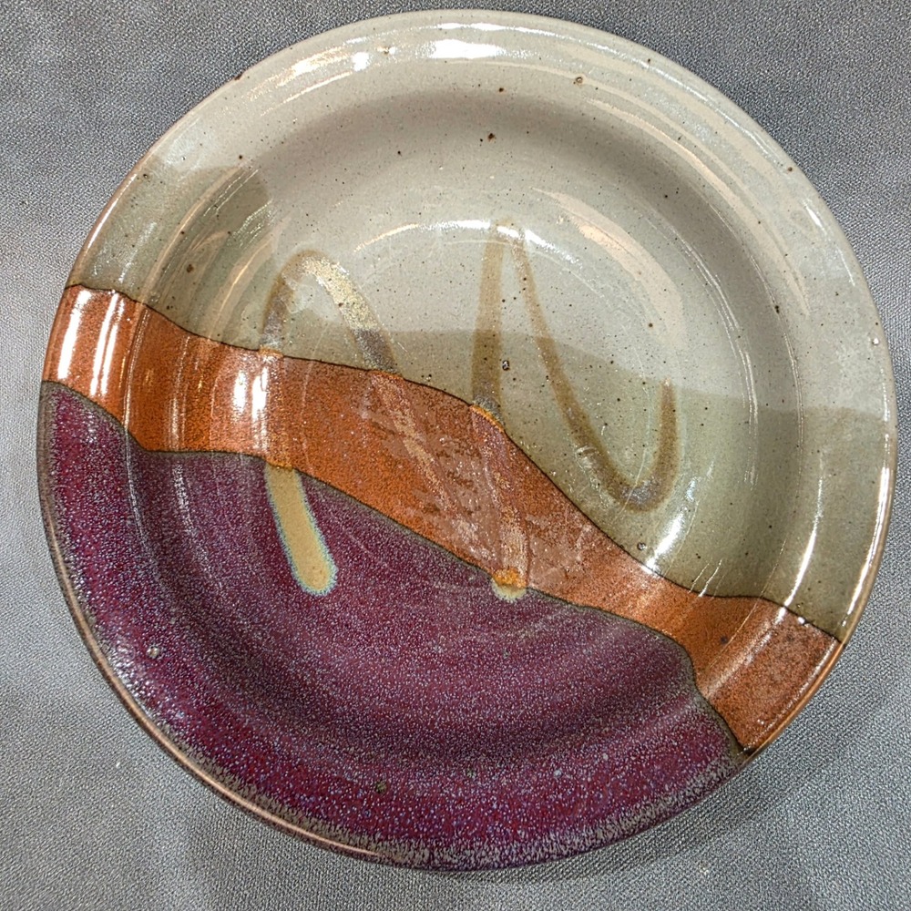 Studio Art Pottery Plate Signed HP Handcrafted Stoneware Grey Purple Terracotta